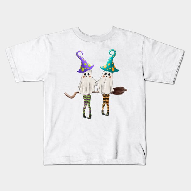 Retro Ghost Witch In 3-Color Long Stockings Gossips On The Broom Halloween Kids T-Shirt by 3dozecreations